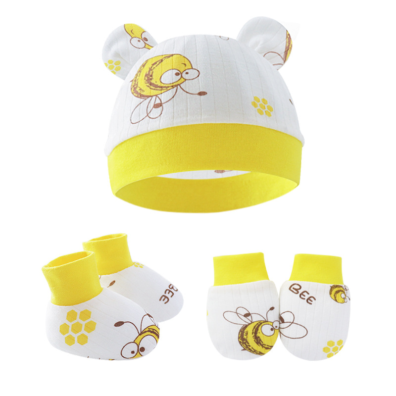 2023 Foreign Trade Newborn Fetal Hat Baby Hat Cotton Printed Anti-scratch Gloves Foot Cover Baby Hat Three-piece Set