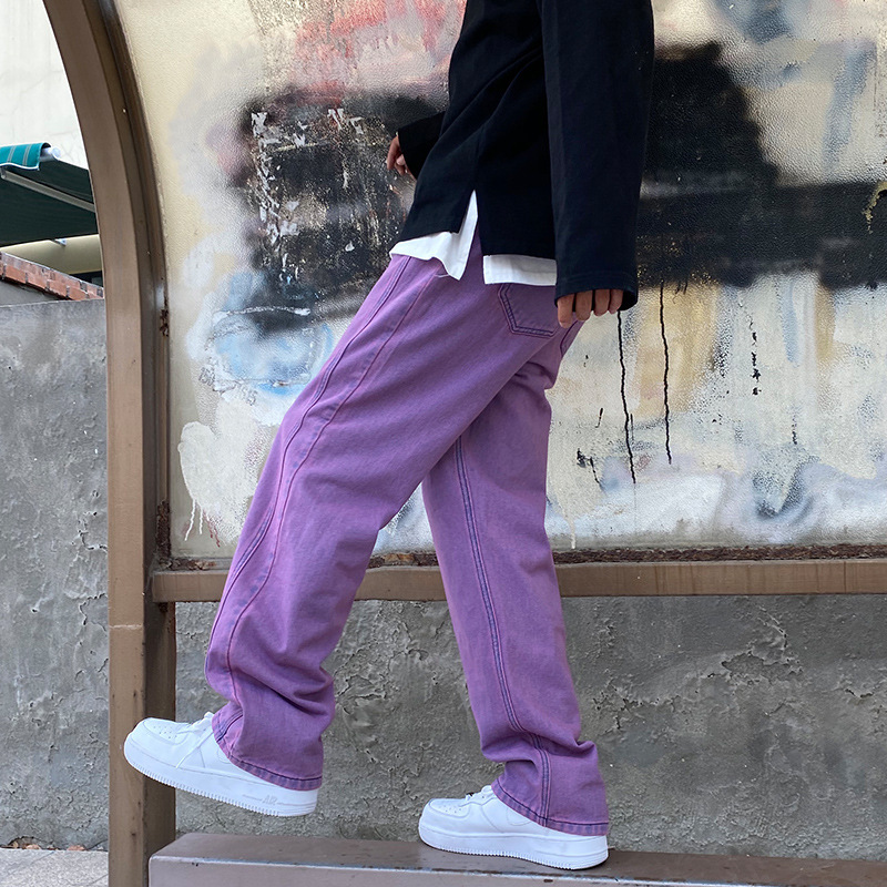 2023 Spring New Hong Kong Style Jeans Men's Korean Style Fashion Neutral Style Loose Wide Leg Pants Fashionable Purple Pants