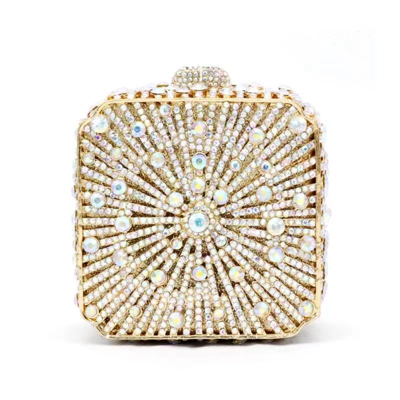 Cross-border Diamond-encrusted Banquet Bag Hollow Metal Hard Box Diamond Bag Foreign Trade Banquet Dress Handheld Women's Bag Small Square Box Bag