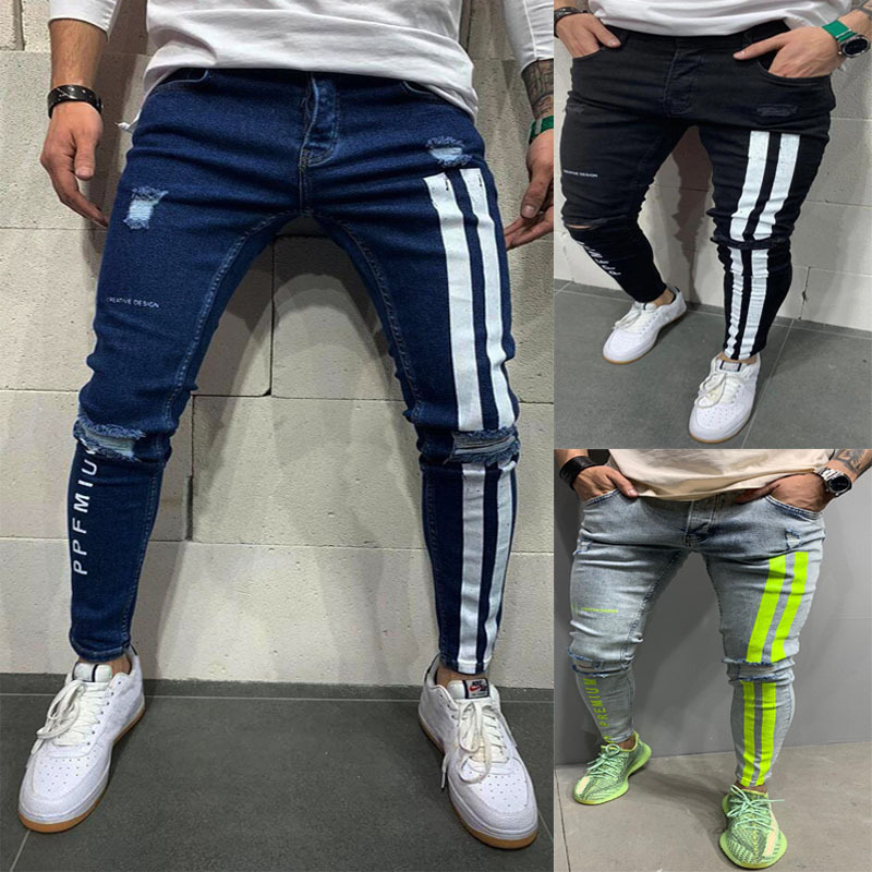 2021 European and American Men's Ripped Stretch Leg Jeans Amazon Printed Jeans Men's New