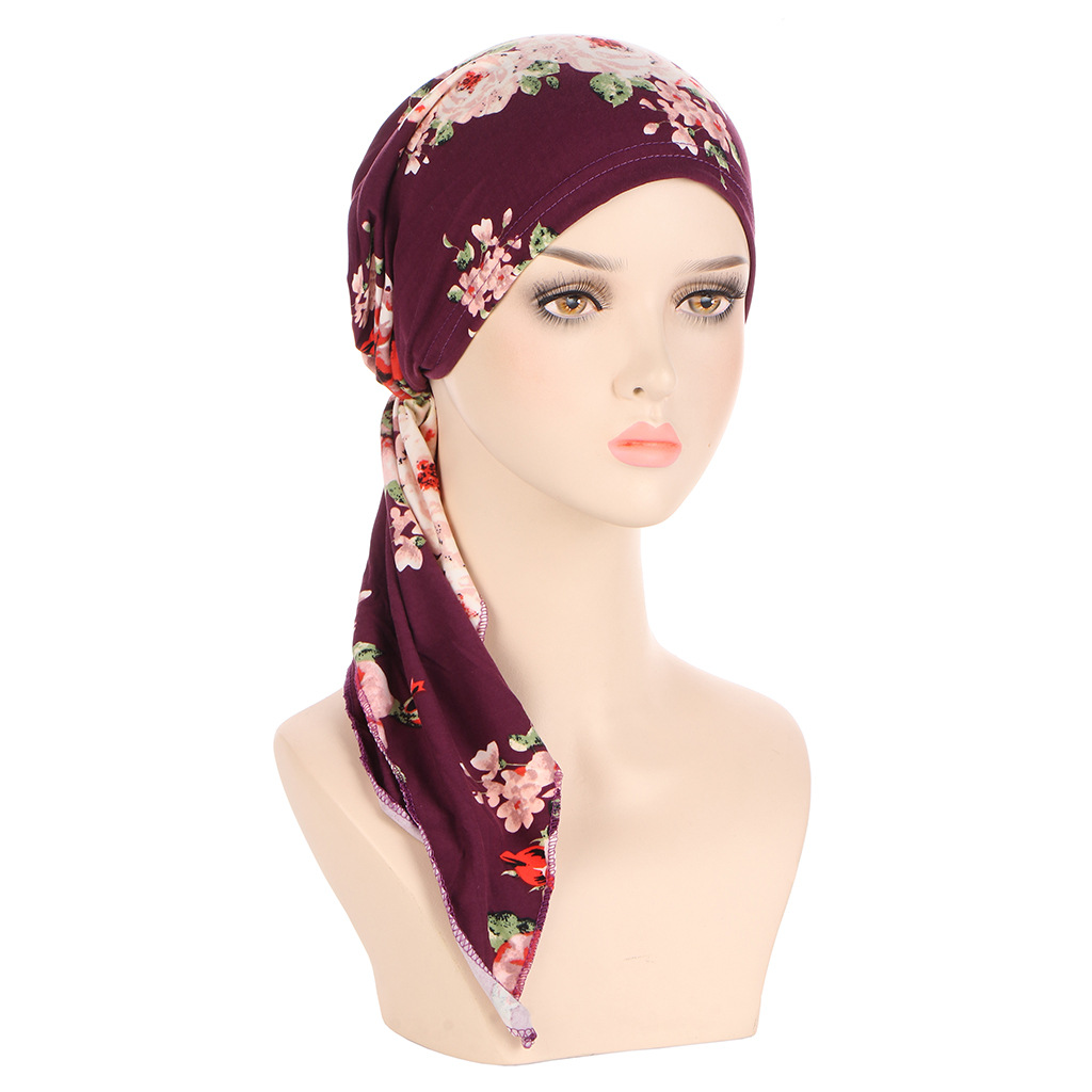Amazon new European and American printed curved flower cloth hat Muslim toe cap milk silk pullover small hat in stock