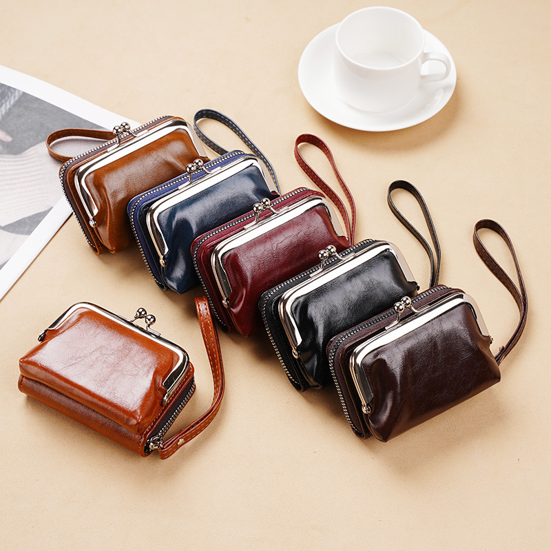 Vintage leather change small bag clip buckle multi-compartment card holder hand strap coin bag gift bag