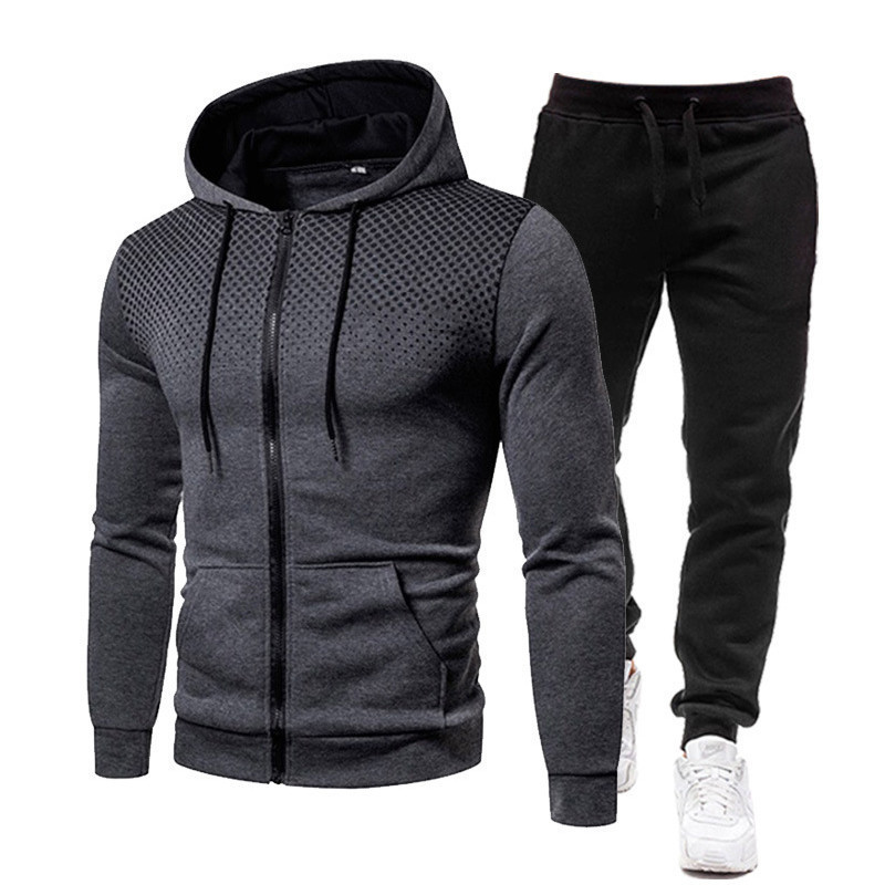 Cross-border new dot print solid color zipper suit autumn and winter fleece-lined men's and women's sports hoodie sweatshirt sweatpants