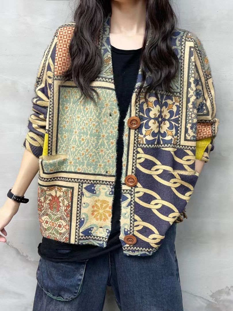 Ethnic style knitted sweater women's autumn and winter 2023 New Yunnan tie-dyed V-neck cardigan mink velvet women's outer wear wholesale