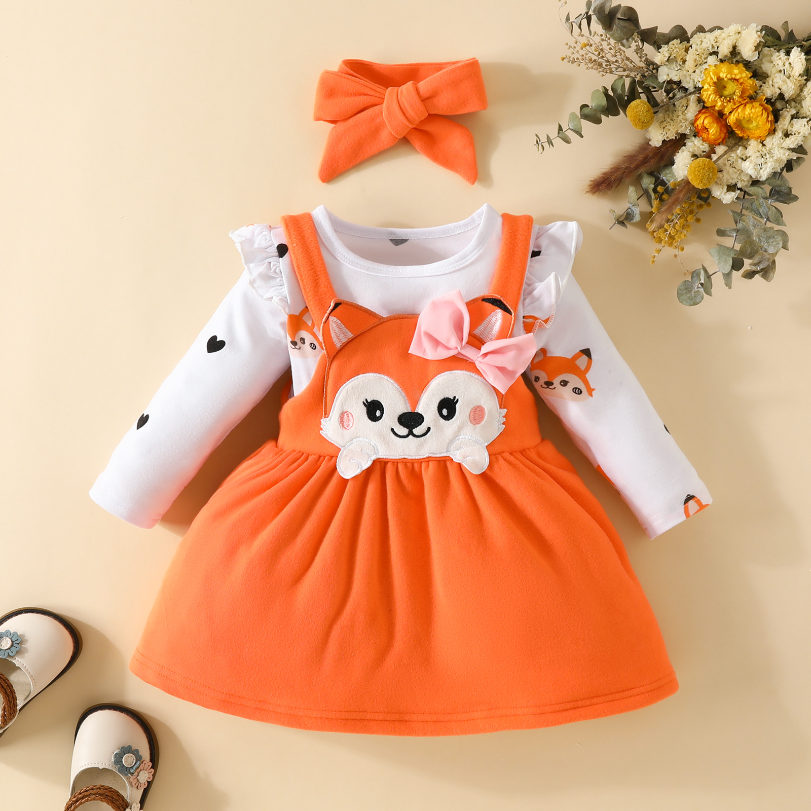 Baby autumn and winter cartoon fox love printed long-sleeved romper bow strap dress suit bow fashion