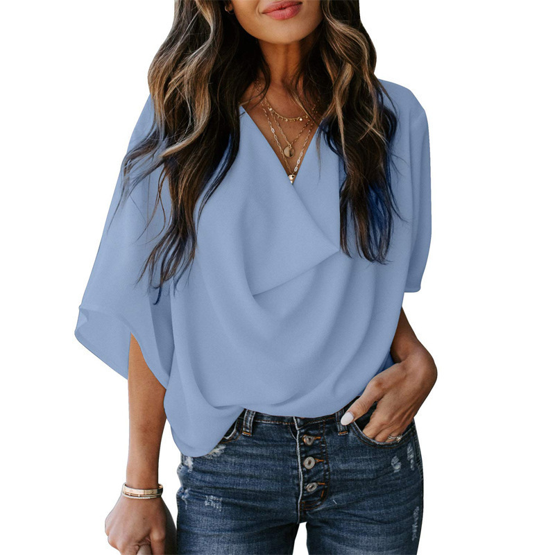 2024 Amazon wish Independent Station New European and American Chiffon Shirt Loose V-neck Casual Top T-shirt Women's Wear
