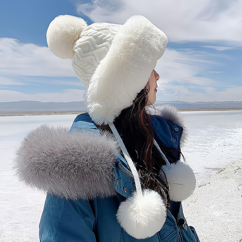 レディース秋冬プルオーバーハット三点ボールかわいいフリース裏地肥厚雪山暖かい無地ニット帽子|undefined