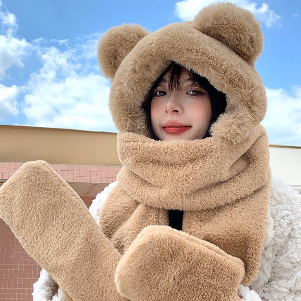 Winter Cute Plush Big Ears Bear Hat High Color Value Thickened Warm Scarf Gloves Three-piece Outdoor Winter Hat