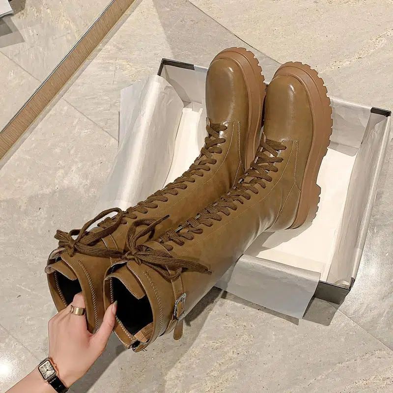 Reuzenbeen Lange knappe voorkant vetersluiting effen kleur ridderlaarzen dames nieuwe dikke zool maar knie afslankende lange laarzen hoge laarzen trendy_voghion.com