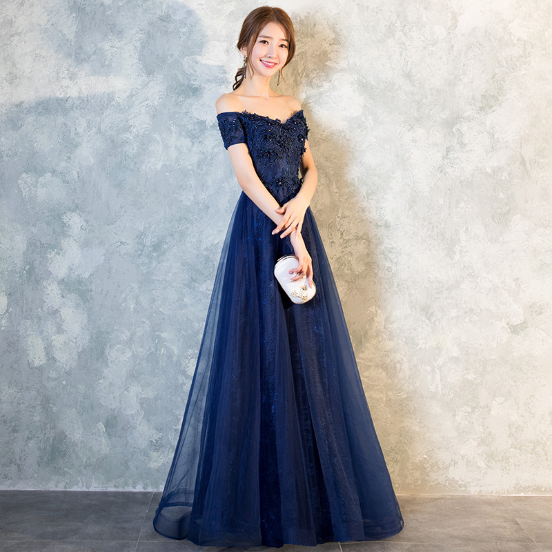 Off-shoulder evening dress women's long blue 2024 spring new fashion socialite host banquet elegant lady