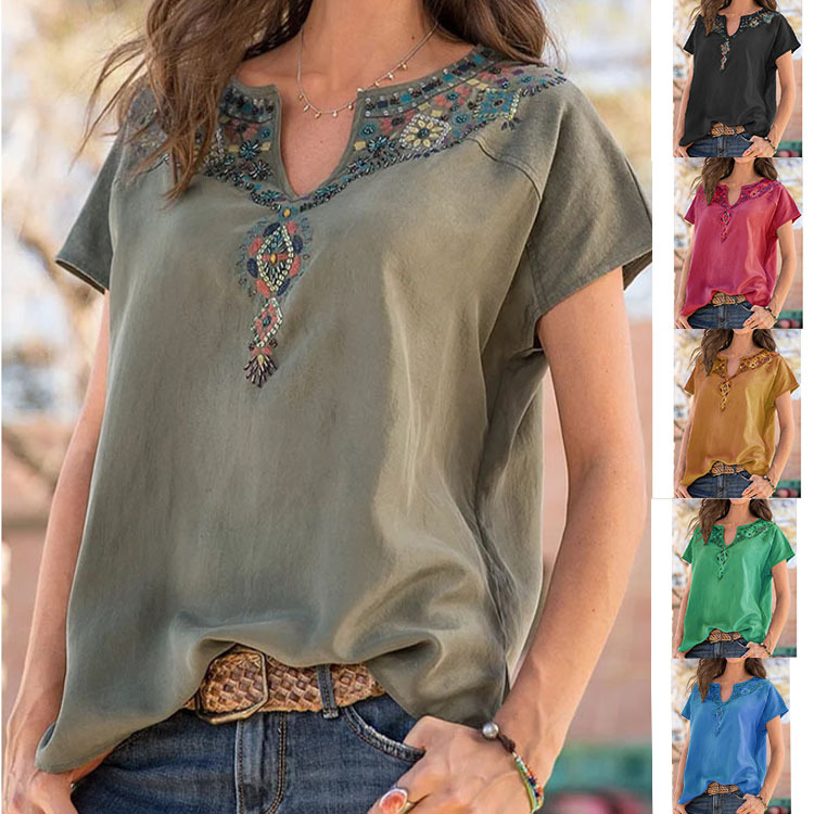 Independent Station Amazon Hot Selling 2022 Spring and Summer Cross-border Women's Clothing Loose Western Ethnic Style Top Short Sleeve T-shirt for Women