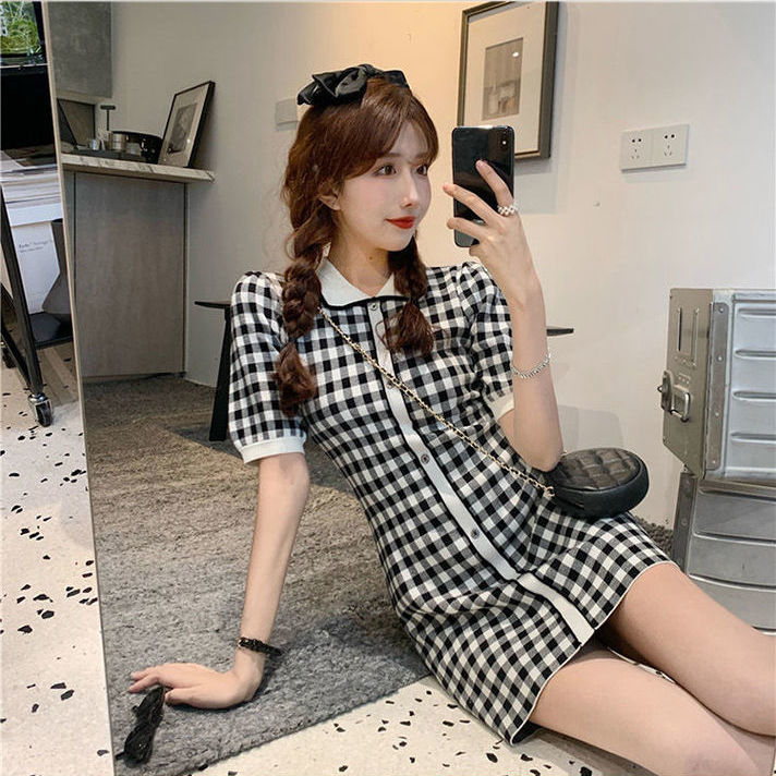  Summer Little Fragrance Style Socialite Temperament Polo Neck Slim Fit Plaid Short Sleeve Top Knitted Dress for Women