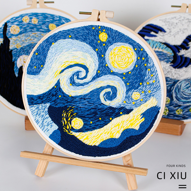 Van Gogh Starry Sky diy Handmade Embroidery Material Bag Needle Set European Style Scenery Starry Sky Wave Embroidery Cloth Print