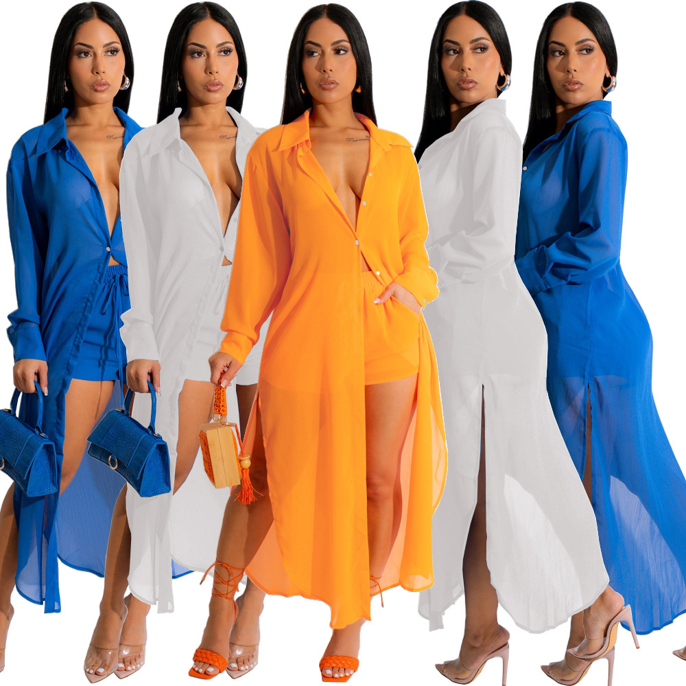 SM9307 Women's Fashion Button Split Casual Sexy Perspective Sunscreen Jacket Shorts Two-piece Suit