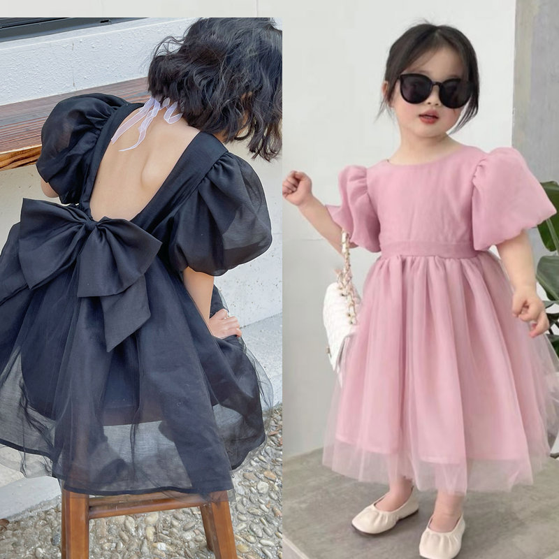 女童公主裙2024韓國版夏季新款兒童氣質黑色禮服泡泡袖大擺連衣裙