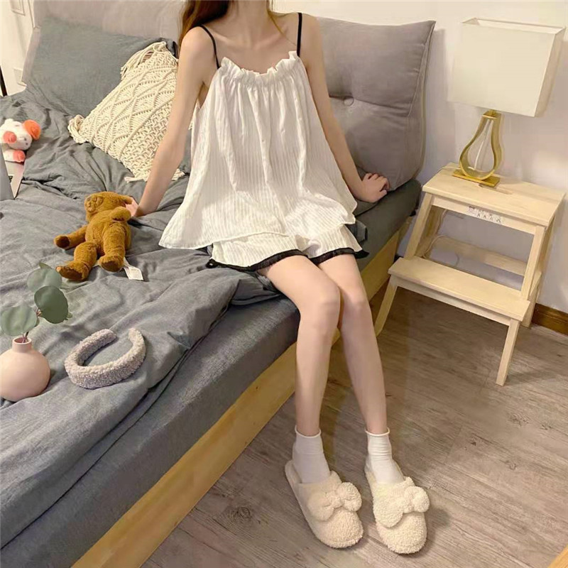 Pajamas Women's Sling Summer Pajamas Bubble Wrinkle 2023 New Two-Piece Internet Celebrity Popular Home Clothes Suit for Outer Wear