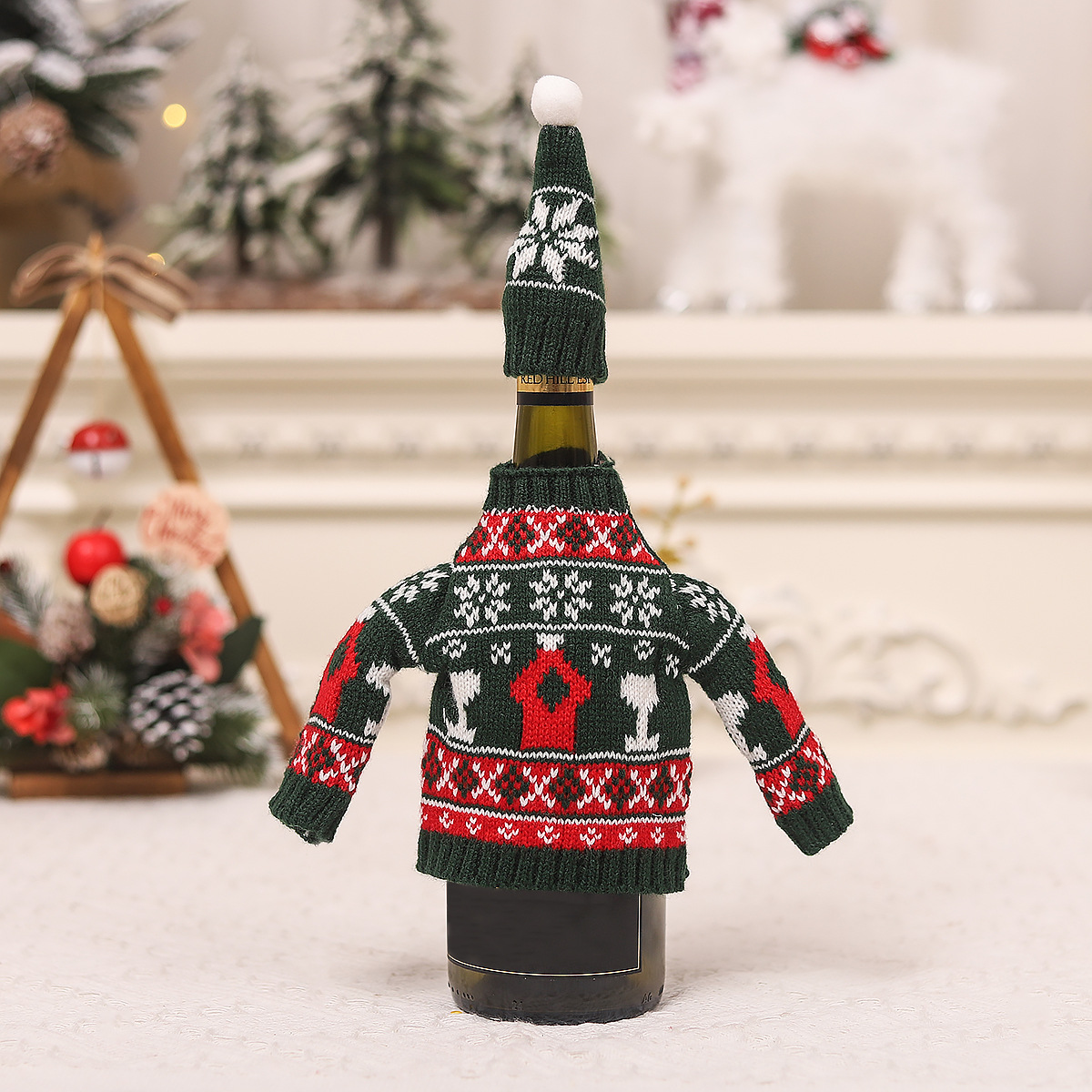 Haus & Garten Weihnachtsschmuck Cartoon Rotweinflaschen-Set Wolle Schaf gestrickt zweiteiliges Bierset Champagnerset Esstischkleid_voghion.com