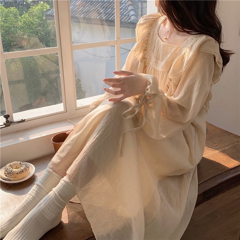 New ins Pajamas Pajamas Women's Spring and Autumn Winter 2023 Palace Japanese Style Sweet Long Solid Color Long Sleeve Home Clothes