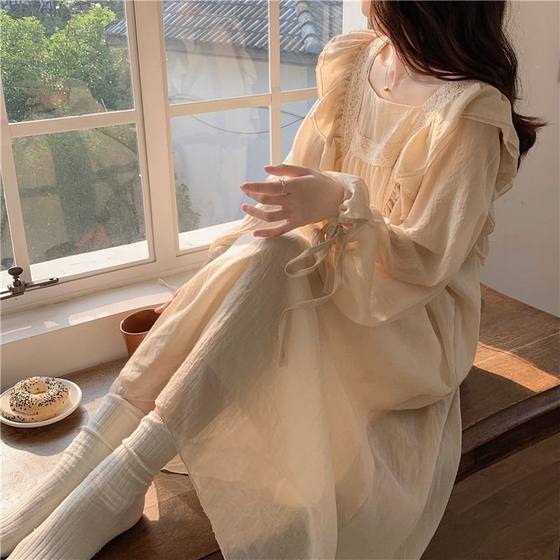New ins Pajamas Pajamas Women's Spring and Autumn Winter 2023 Palace Japanese Style Sweet Long Solid Color Long Sleeve Home Clothes