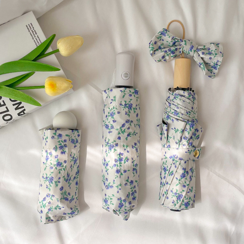 Small Blue Floral Umbrella Gentle Wind Photograph Beautiful 50% Folding Sunshade Sunscreen Sun Umbrella 30% Folding Automatic Sunlight and Rain Umbrella
