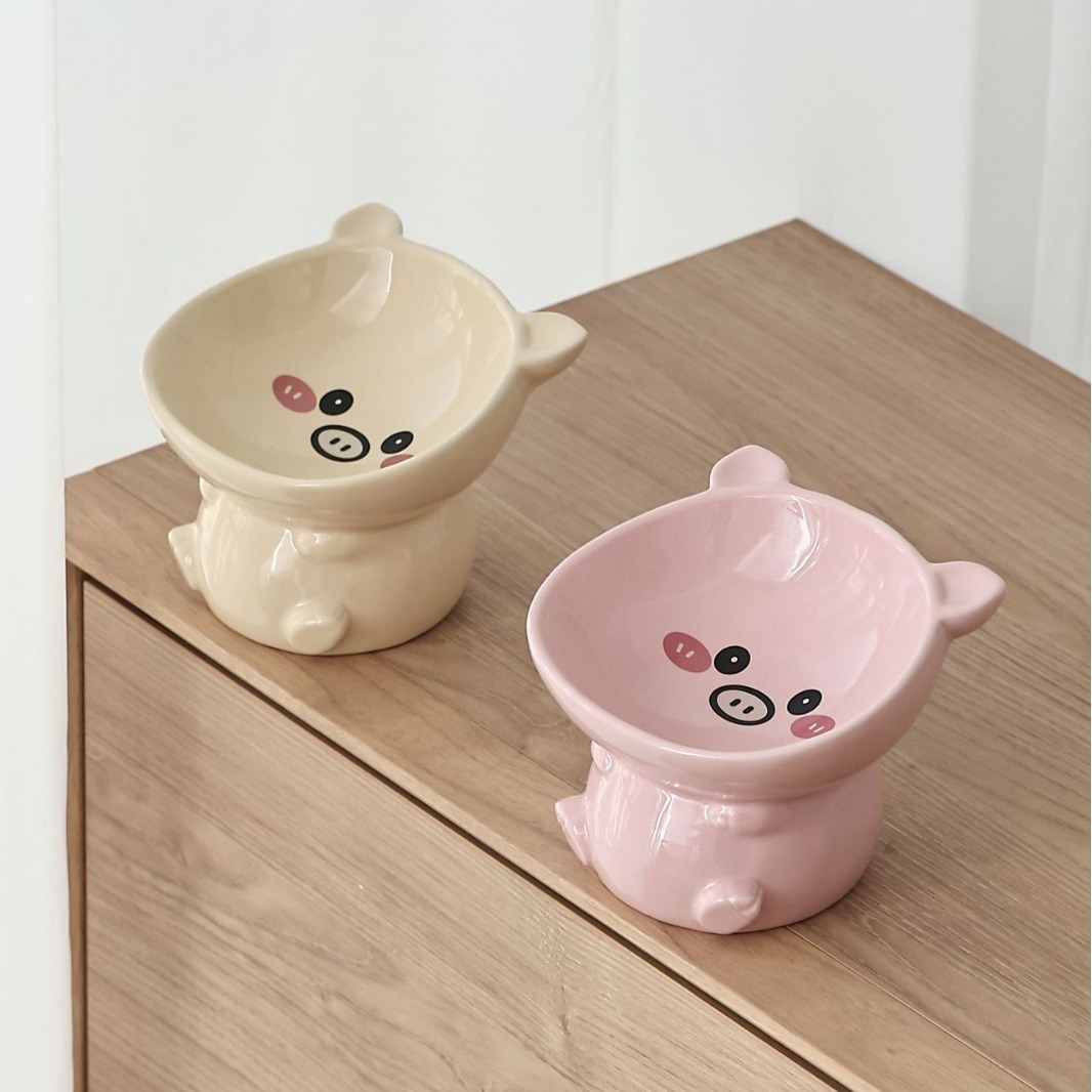 High-legged Ceramic Cat Bowl Pet Bowl Oblique Neck Protection Brown Lion Bowl Ornaments Ceramic Storage Box Desktop Storage