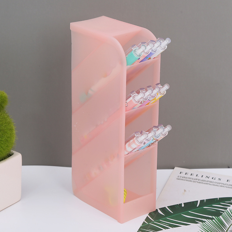 Oblique Pen Holder Plastic Transparent Frosted Multi-grid Pen Holder Creative Student Pen Case Desktop Cosmetic Brush Storage Box