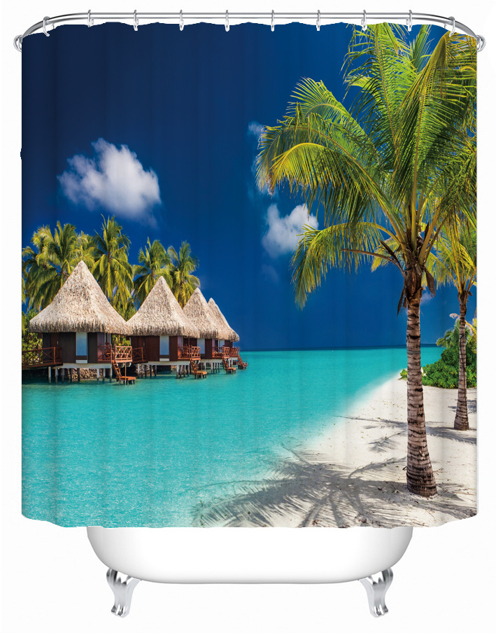 Factory pictures direct supply Amazon Coconut Beach series digital printing bathroom shower curtain 12 plastic hook accessories