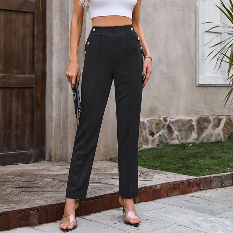 Cross-border Foreign Trade Women's Elastic Slim Button Decorative Casual Pants Women's High Waist Stitching Pants Trousers Europe and America