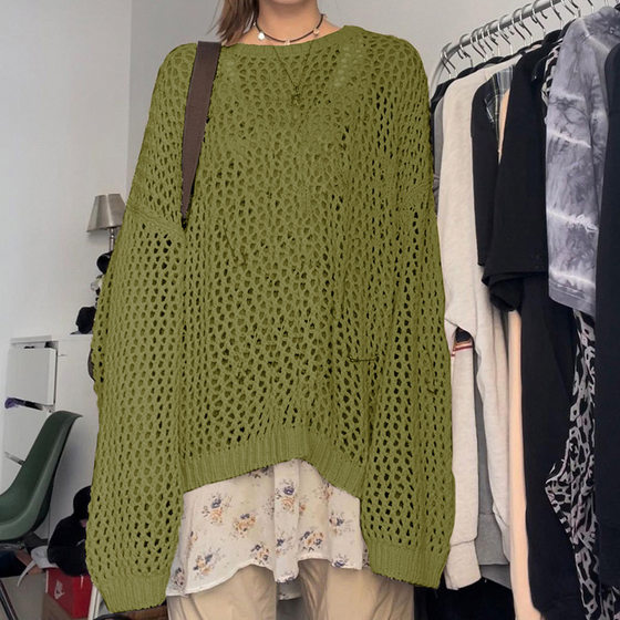 Cross-border Foreign Trade 2023 Summer European and American Hot Girls Street Trendy Hollow Mesh Wool Round Neck Loose Blouse Women