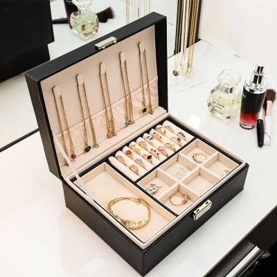 Jewelry Box with Lock Double Layer Large Capacity Leather Jewelry Ring Necklace Earrings Earrings Stud Storage Box Wholesale