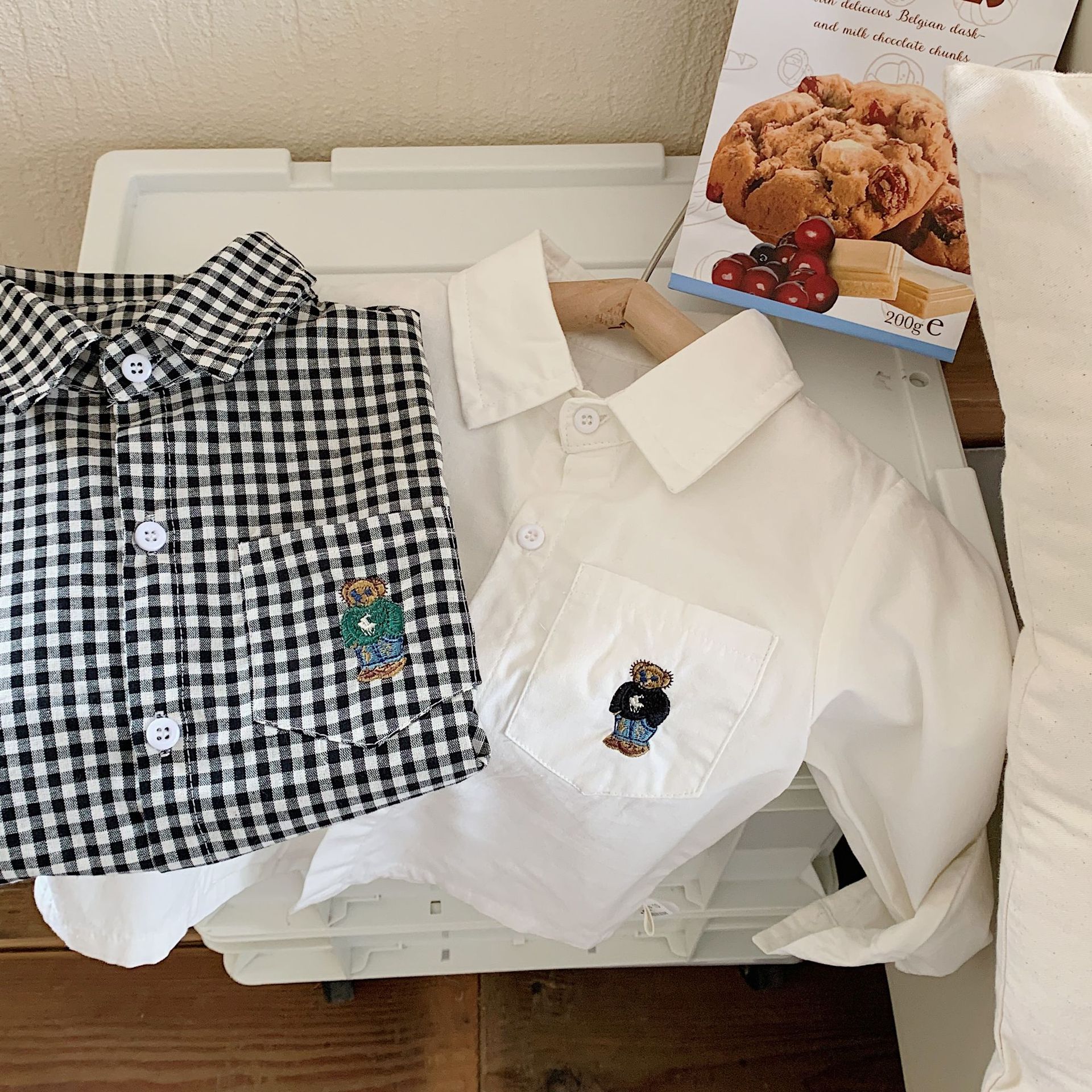 Children's shirt 2024 Bangcheng spring boys and girls Korean style plaid pocket bear solid color loose shirt F0055