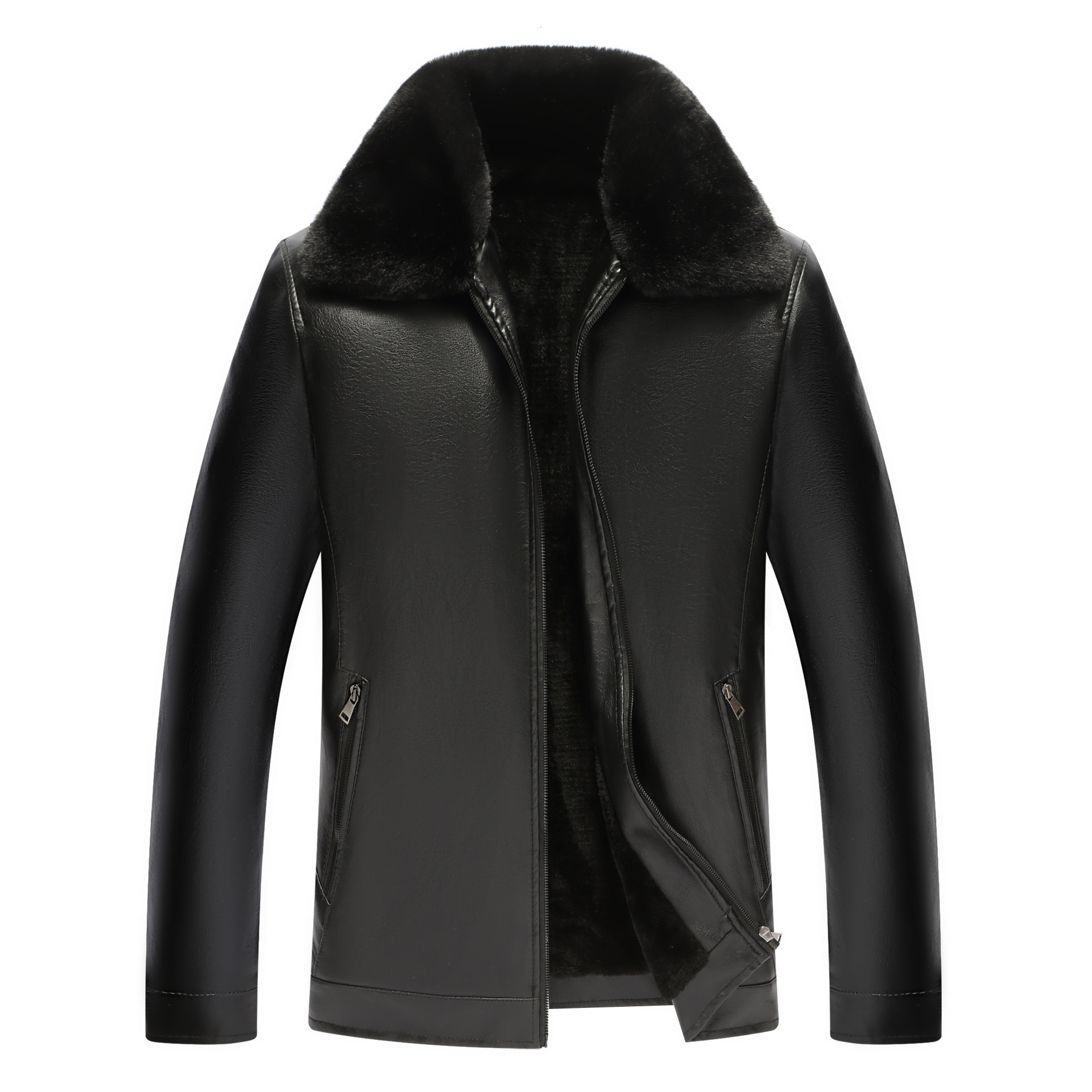 21 new men's leather winter plus velvet padded casual lapel zipper men's middle-aged leather live wholesale