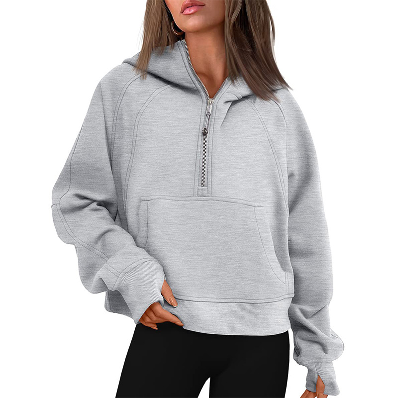 Autumn and Winter New Lulu Women's Sportswear Half-Zip Pullover Hooded Top Loose Short Fleece Sweater Women