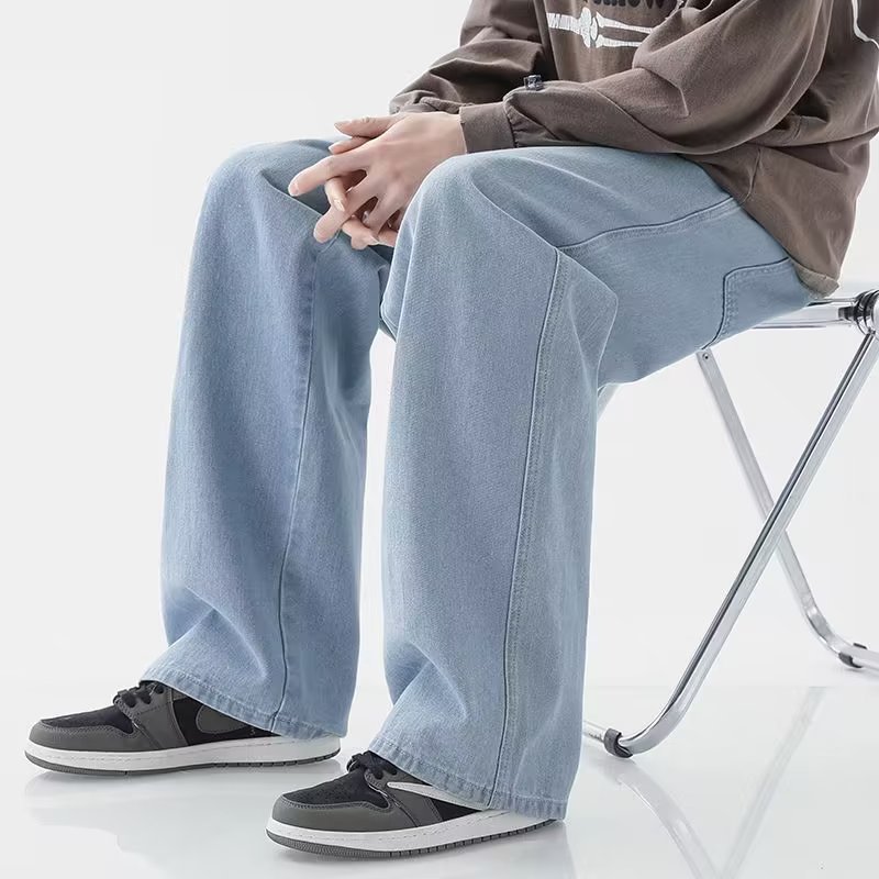 復古高街水洗做舊褲子寬鬆闊腿純色簡約休閒百搭牛仔褲子男潮長褲