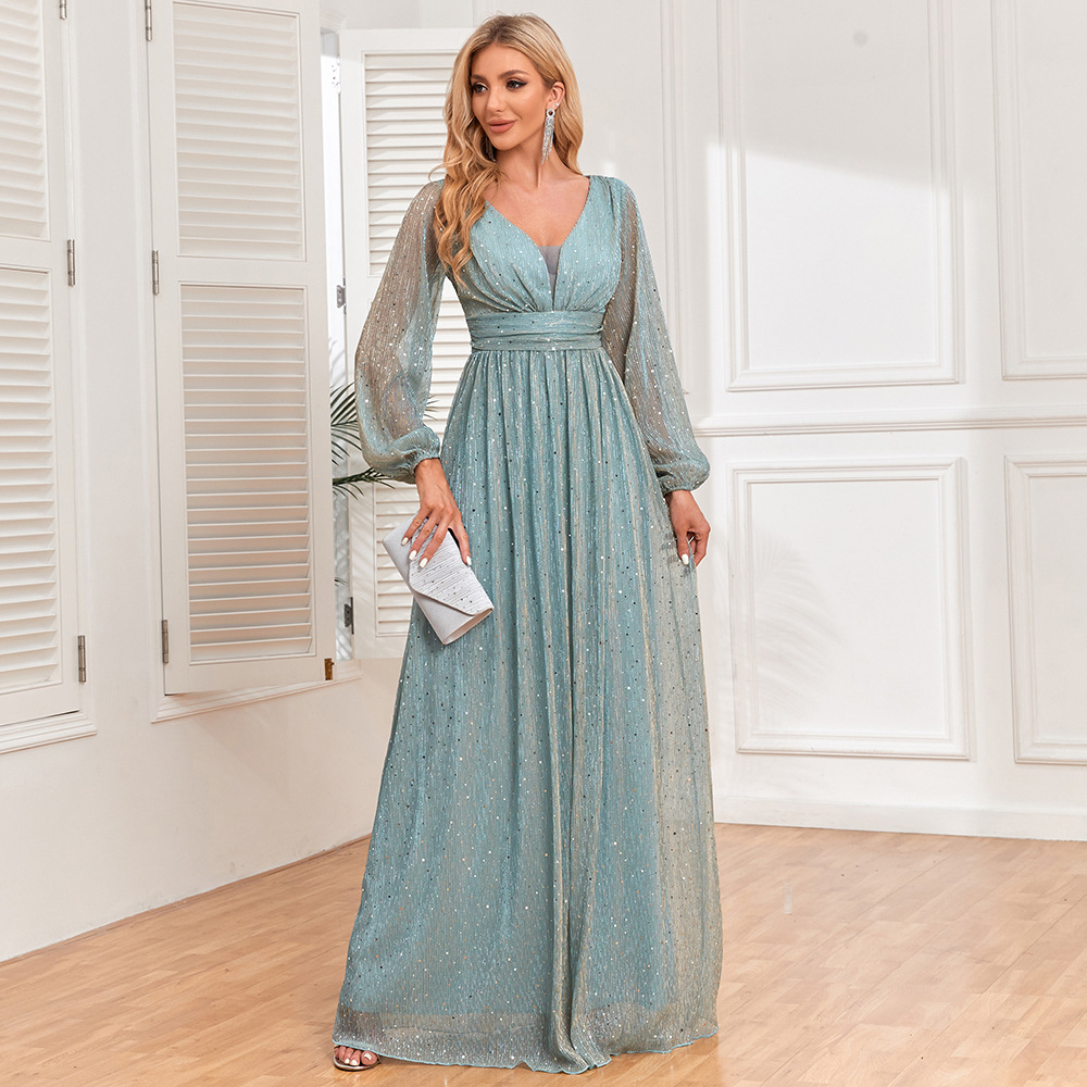 European and American new women's shiny pleated elastic see-through long sleeve V-neck A large swing dress fully lined elegant evening dress