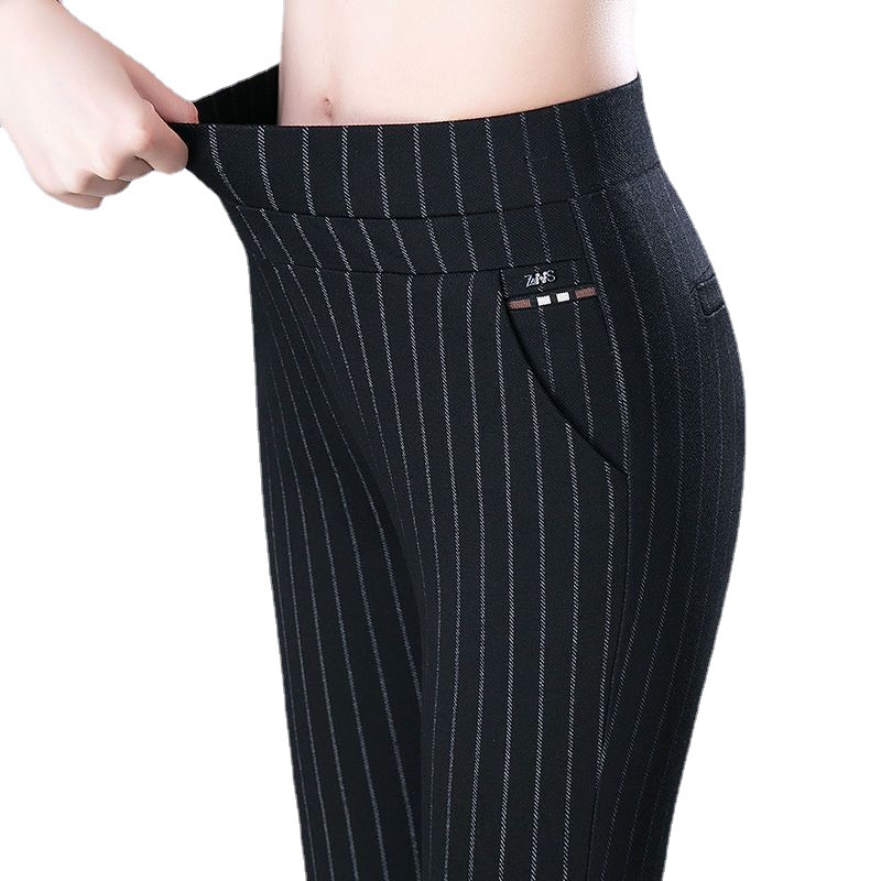 Middle-aged Women's Pants Elastic High Waist Leggings Stretch Slim Look All-match Mom Pants Casual Pants Striped