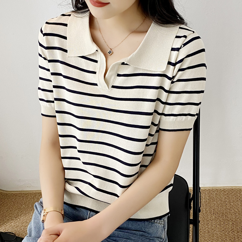 Polo Shirt Summer 2023 New Korean Striped Short-sleeved Knitted Shirt Women's Thin Slimming Polo Collar T-shirt