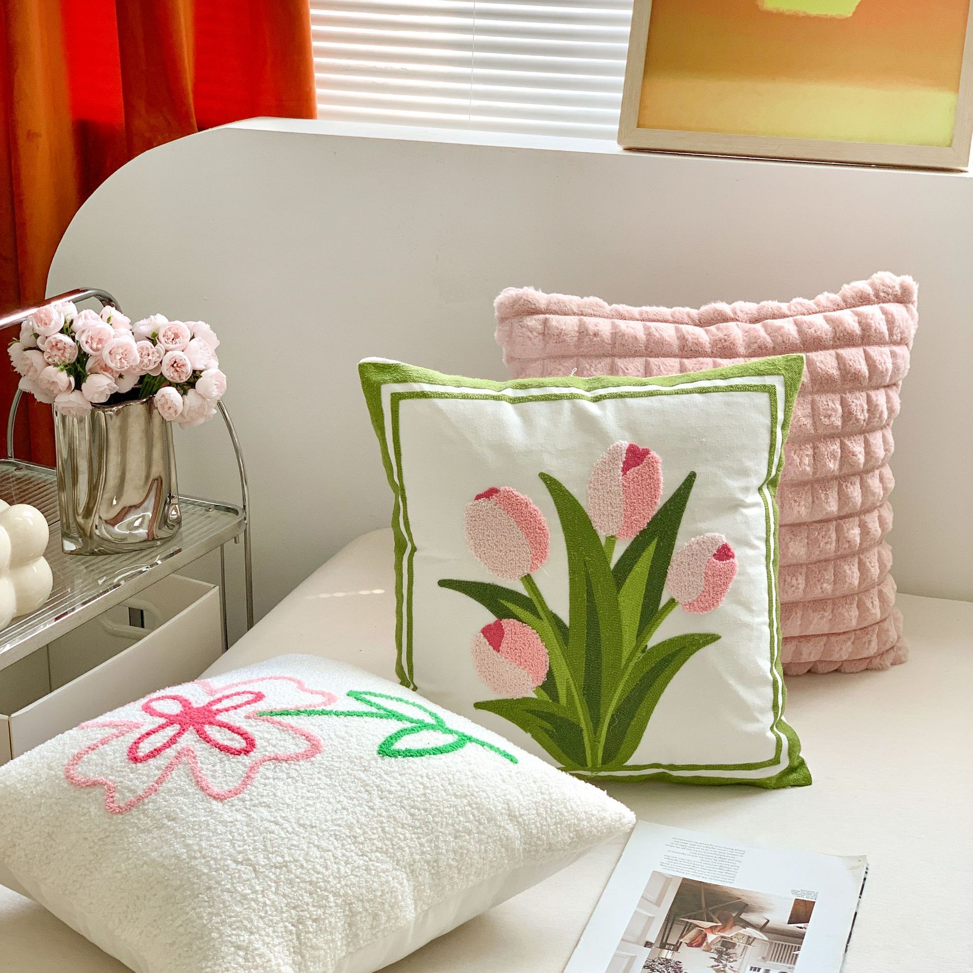 Light Luxury Cream Ins Style Pillow Girl Tulip Plush Pillow Living Room Cute Sofa Pillow Bedroom Cushion