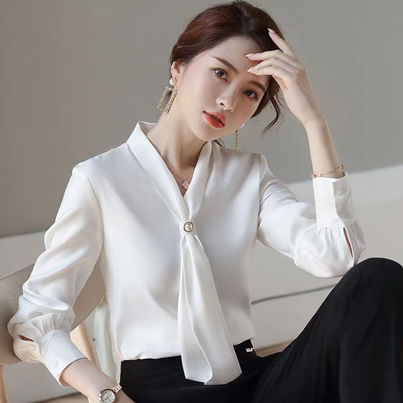 Chiffon Shirt women's new design sense niche top draping temperament long sleeve Spring and Autumn white bow shirt
