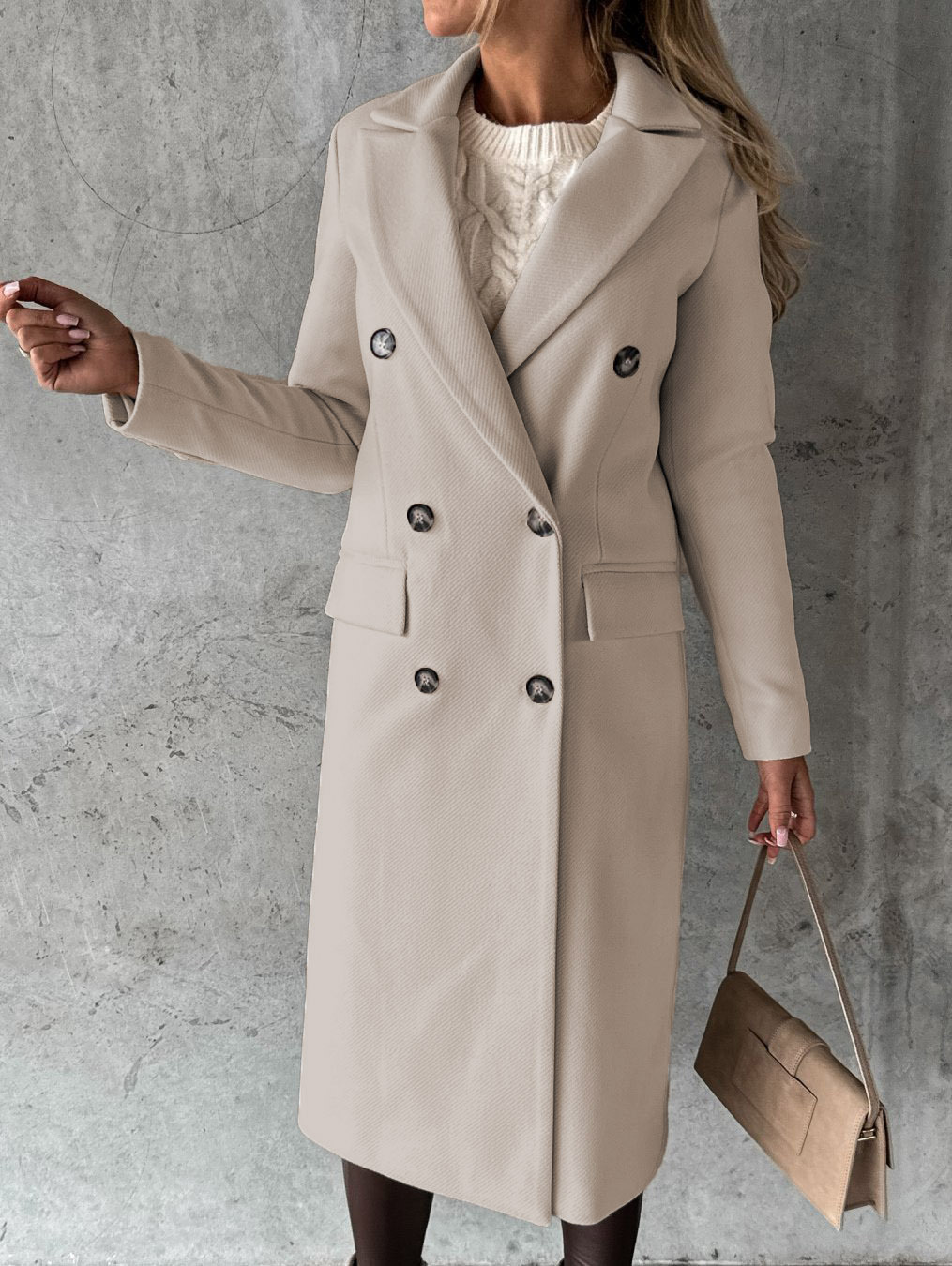 Women's Spring 2023 New Amazon cross-border coat versatile woolen coat solid color long sleeve double breasted pocket