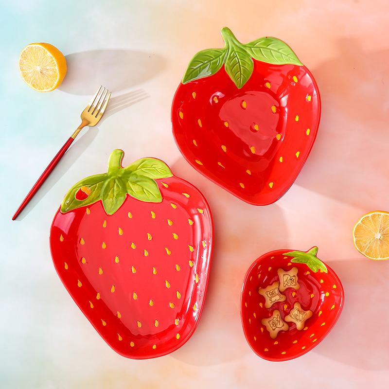 Creative ceramic strawberry bowl plate tableware cute high-looking cartoon dessert salad bowl snack plate fruit plate