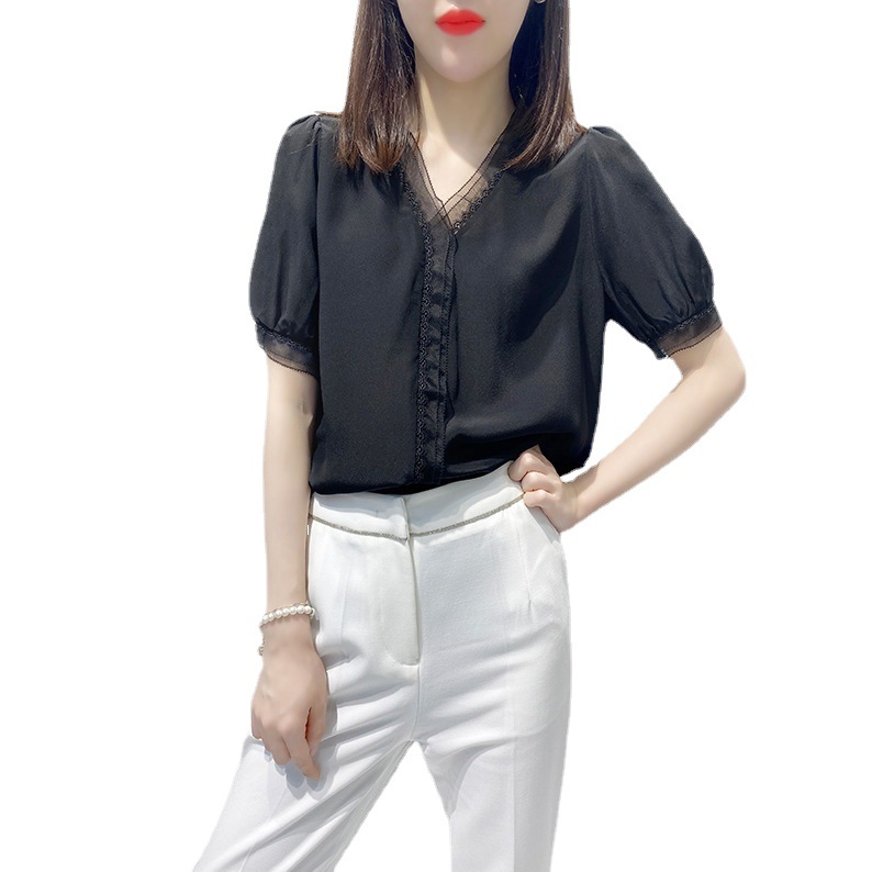 Chiffon Shirt Women's 2023 Summer New Arrival Stylish Loose V-neck Puff Sleeve Design Niche Lace Top for Women