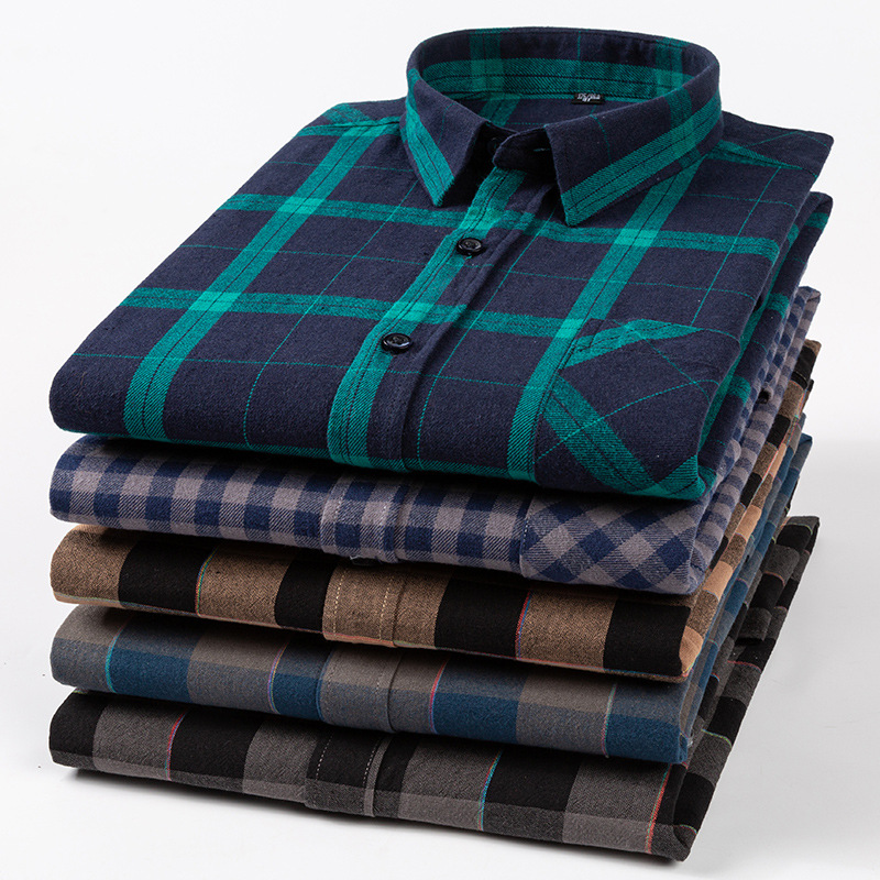 [Large Size] Men's Cotton Sanding Plaid Shirt Four Seasons Lapel Youth Plaid Casual Spot Cotton Shirt Batch