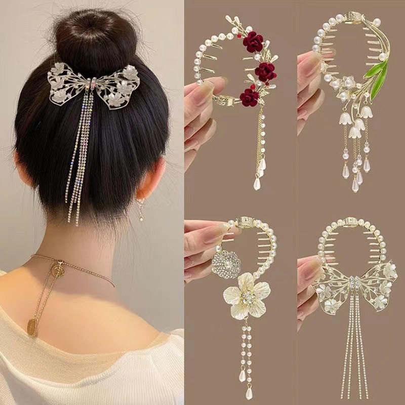 Forcina per capelli con nappa di orchidea in stile antico, con testa a sfera, fermaglio fisso per capelli da donna di alta qualità, accessori per capelli raccolti a metà_voghion.com