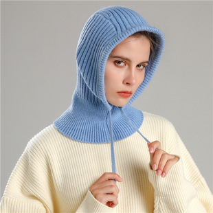 Neck Hat Integrated Winter Out Riding Warm Knitted Neck Wool Hat Ear Protection Solid Color Scarf Drawstring