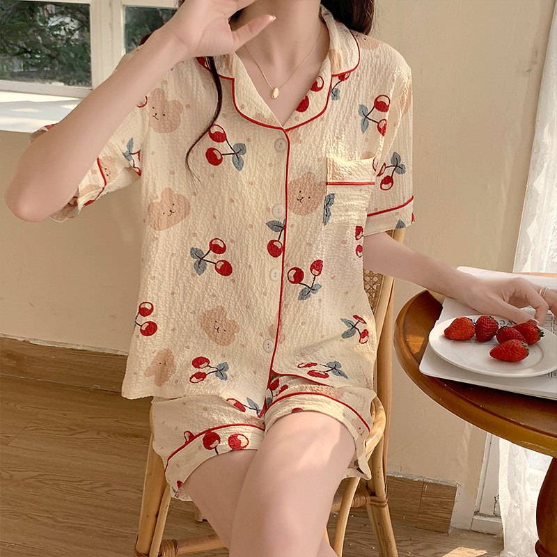 Summer short-sleeved cardigan pajamas for women woven bubble cotton wrinkled fabric ins cute thin cardigan home wear set