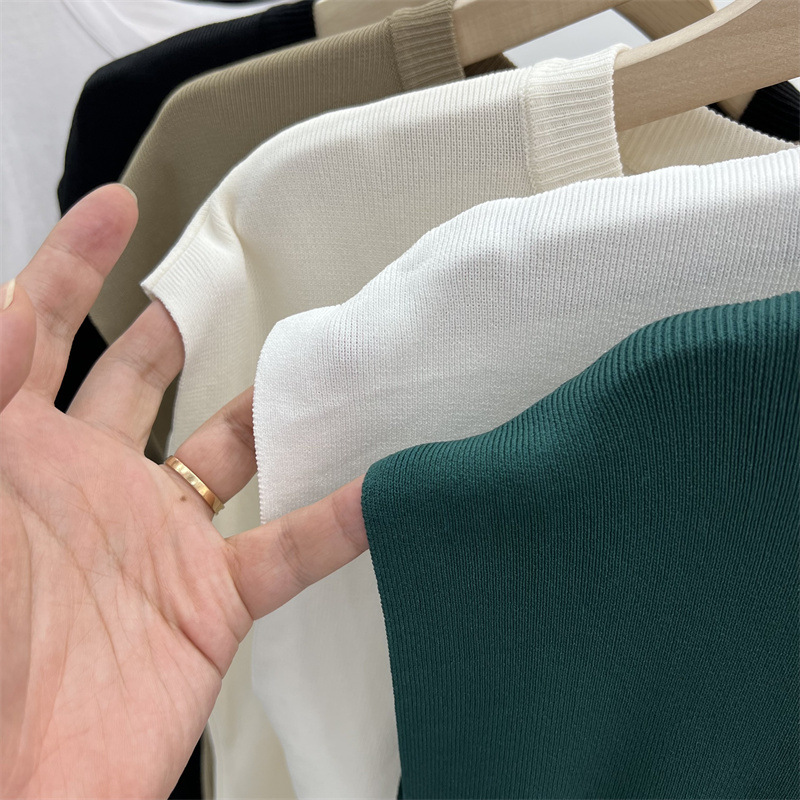 Cross-border thin sleeveless ice silk sweater women's summer loose pullover short sleeve t-shirt round neck temperament inner top