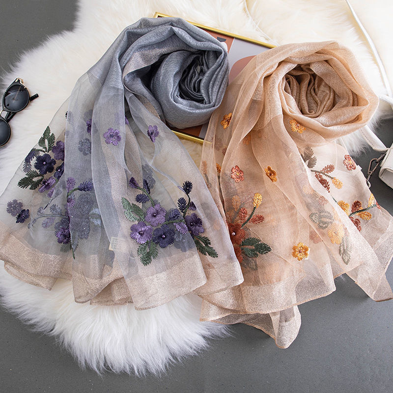 Silk scarf women's wool embroidered Begonia flower scarf long spring and autumn fashion middle-aged mom summer sun protection shawl