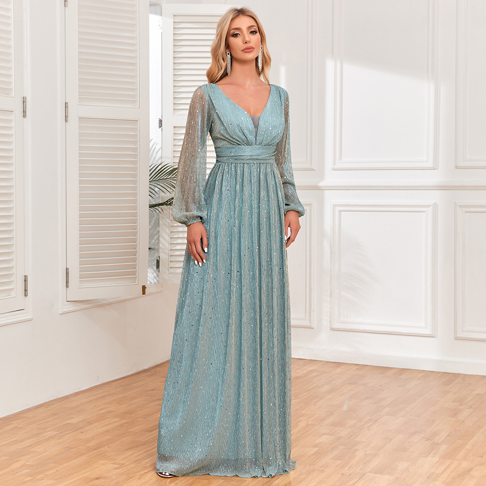 European and American new women's shiny pleated elastic see-through long sleeve V-neck A large swing dress fully lined elegant evening dress