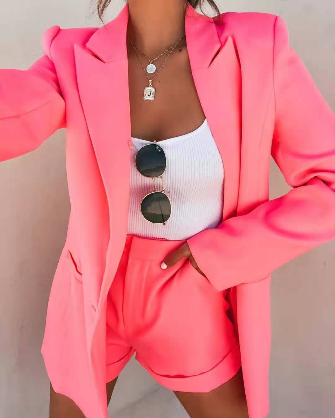 2023wish European and American cross-border top shorts suit suit sexy temperament women's fashion casual lapel cardigan
